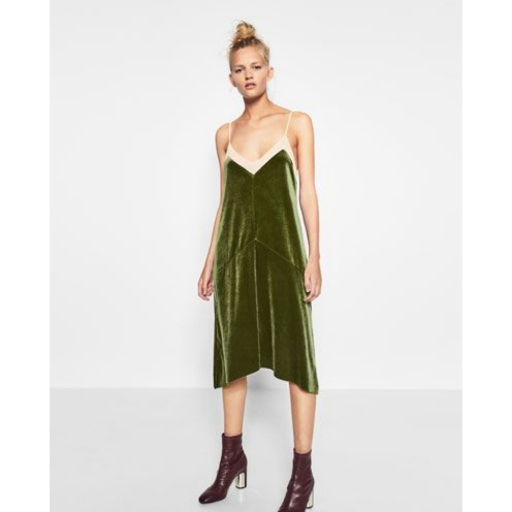 Zara Olive Velvet Slip Dress with Cream Trim